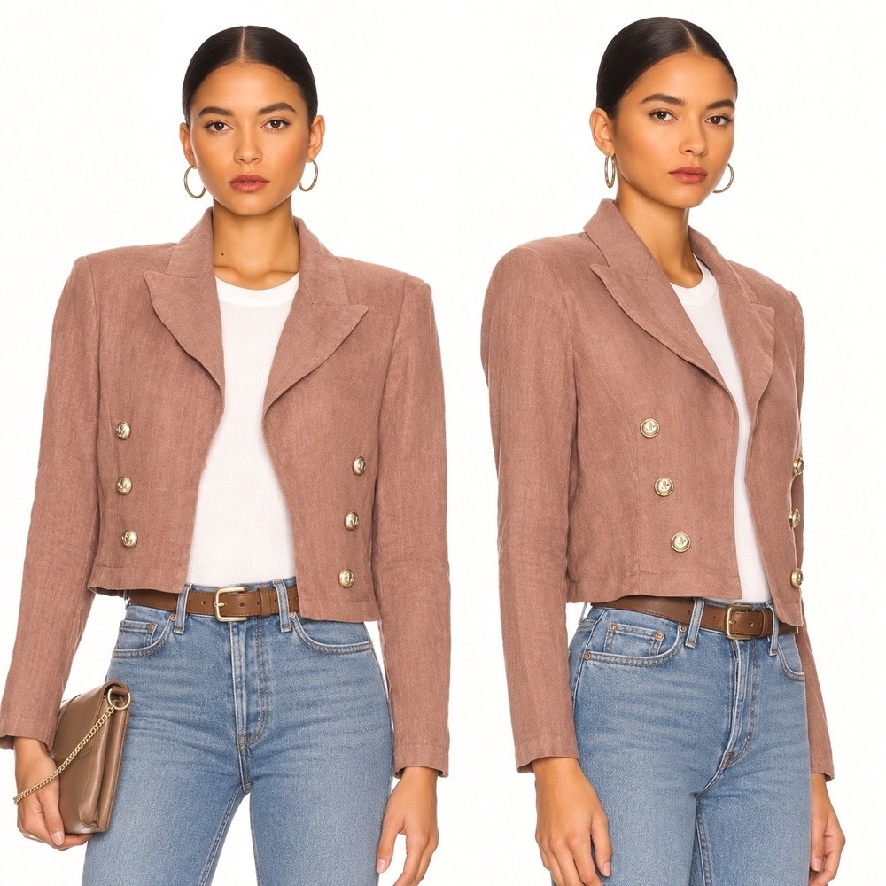 L'AGENCE Womens M Linen Blazer Pink Cropped Double Breasted Gold Button Jacket